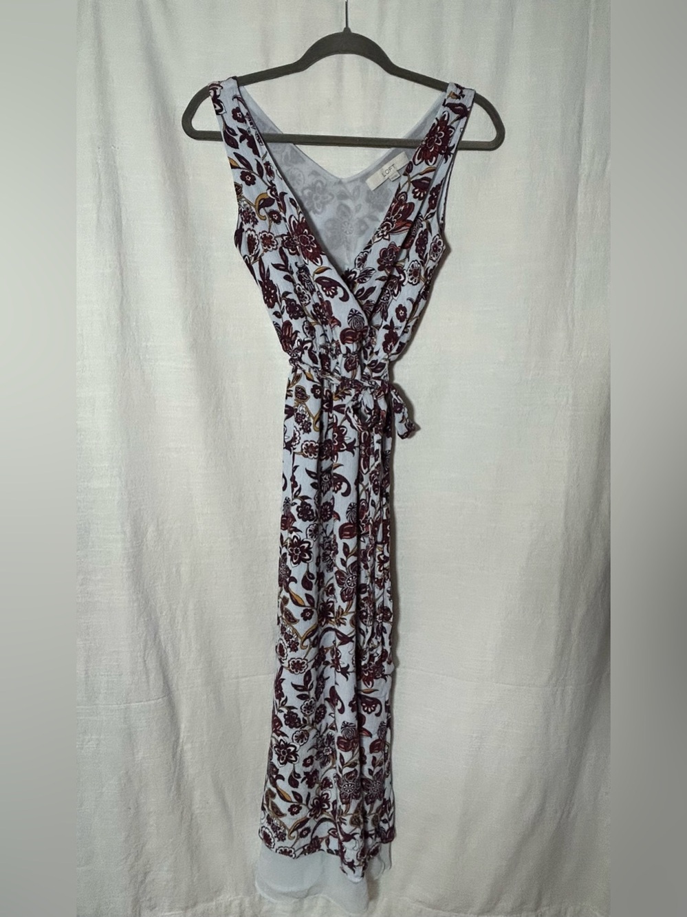 LOFT White Maxi Wrap Dress with Burgundy Floral‎ Print